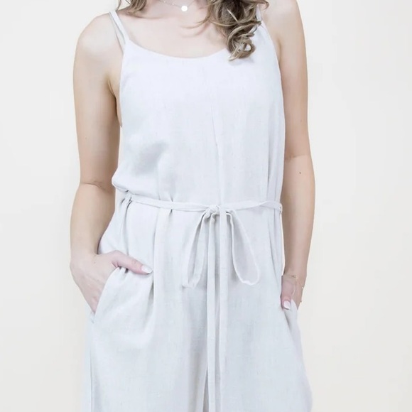 51. Linen Wide Leg Jumpsuit Tie Waist Pockets Oatmeal Natural Neutral - Picture 5 of 6